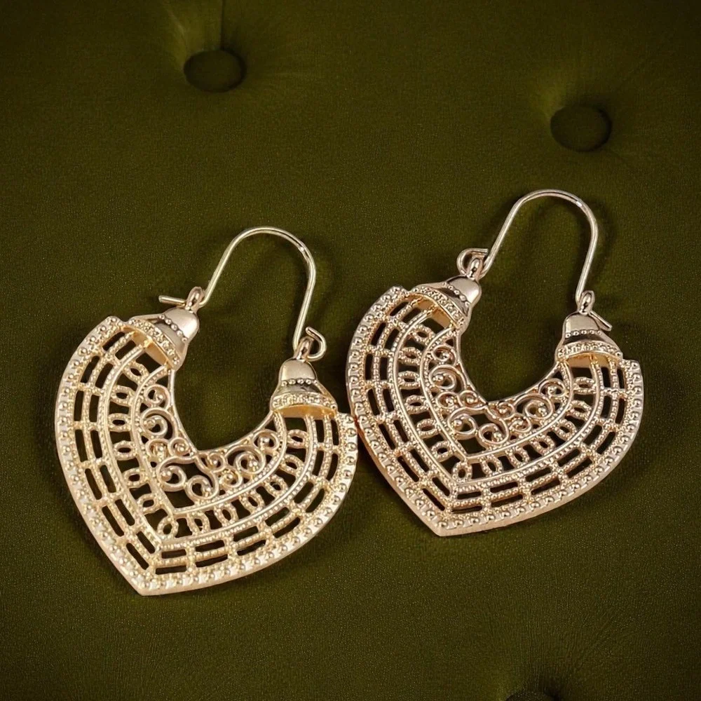 4 Pcs‎ New Gold Native Boho Aztec Patina Earrings Hoop Tribal Ornate Rustic